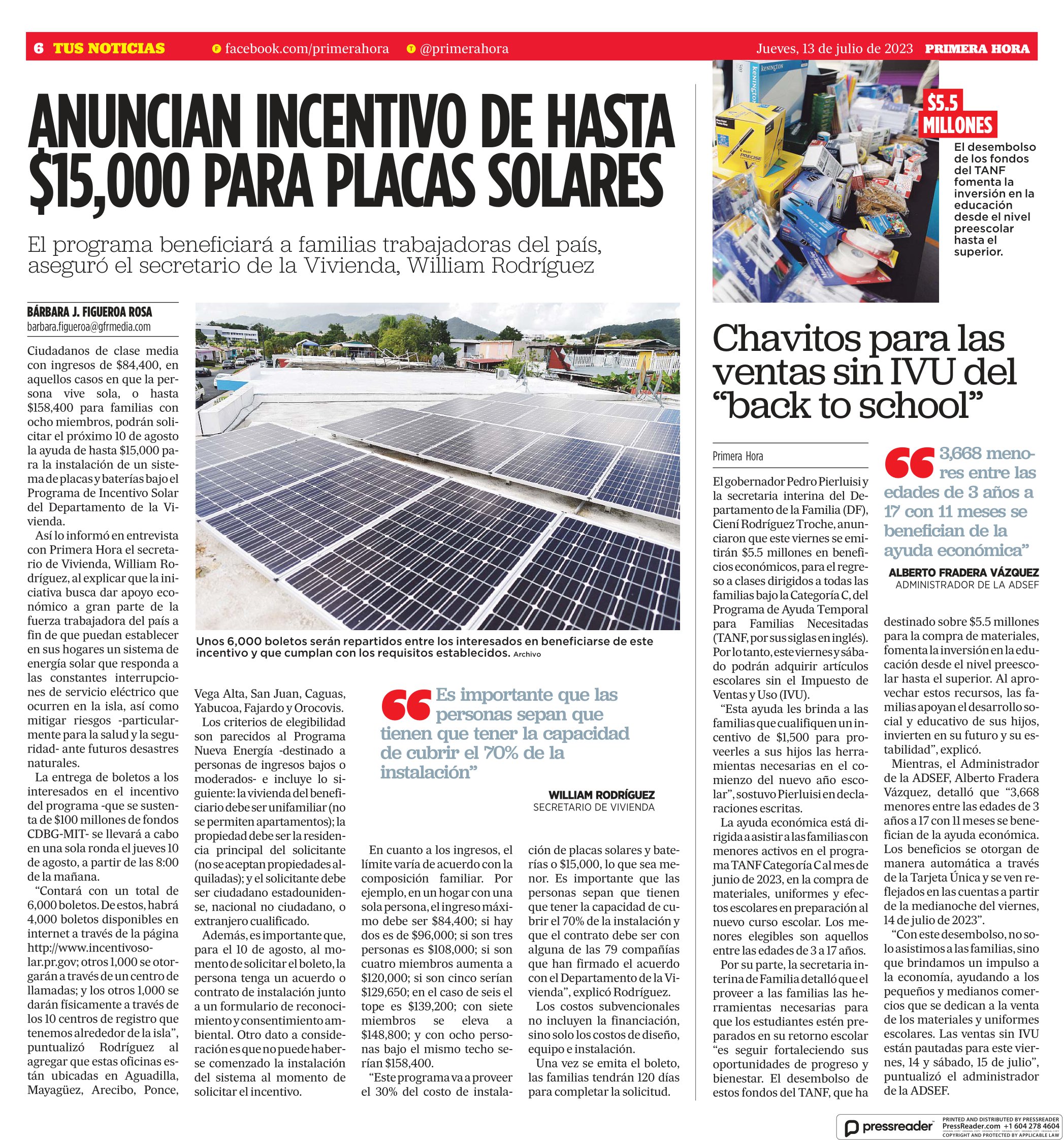 Anuncian Incentivo De Hasta $15,000 Para Placas Solares