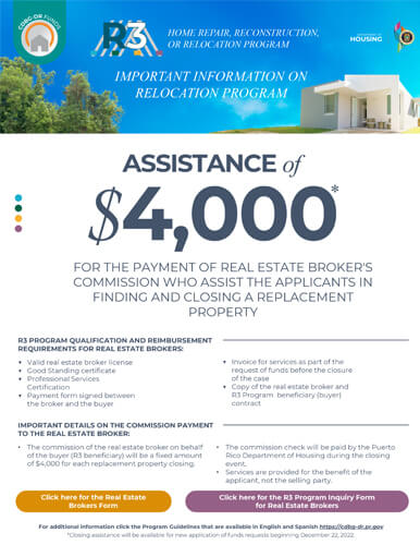 ASSISTANCE of $4,000 FOR THE PAYMENT OF REAL ESTATE BROKER'S COMMISSION WHO ASSIST THE APPLICANTS IN FINDING AND CLOSING A REPLACEMENT PROPERTY